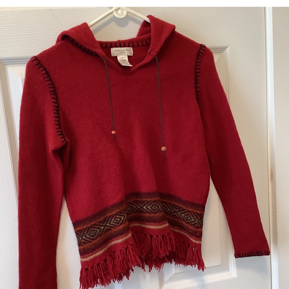 Jones New York Sport Red Lambswool Fringe Hooded Sweater Southwestern Small - Picture 2 of 8